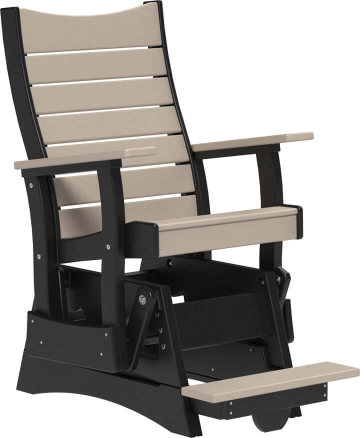 LuxCraft 2' Contour Balcony Glider in Weatherwood and Black — counter-height glide bench with footrest for elevated decks