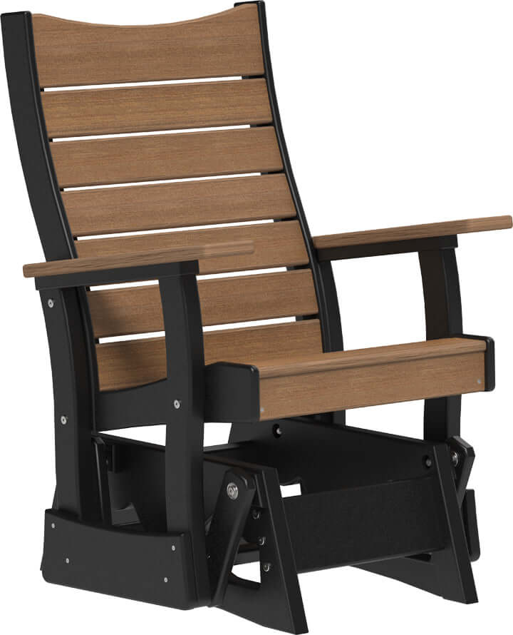 LuxCraft 2' Contour Poly Glider in Antique Mahogany and Black — ergonomic contoured backrest for outdoor use