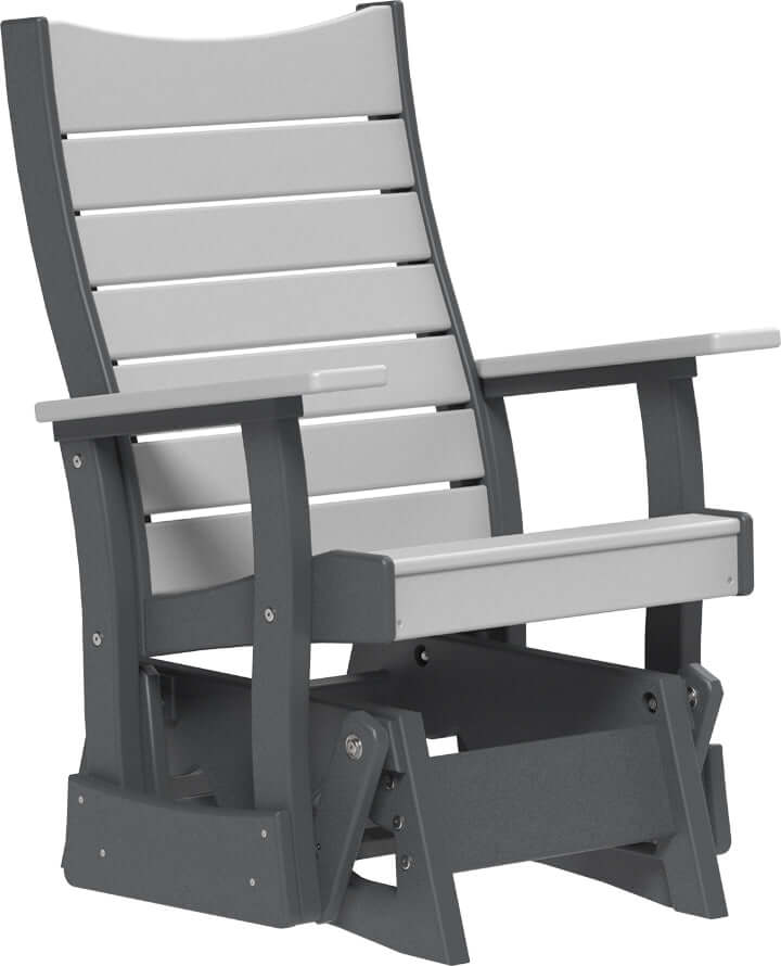LuxCraft 2' Contour Poly Glider in Dove Gray and Slate — shaped curved-back glider, recycled HDPE construction