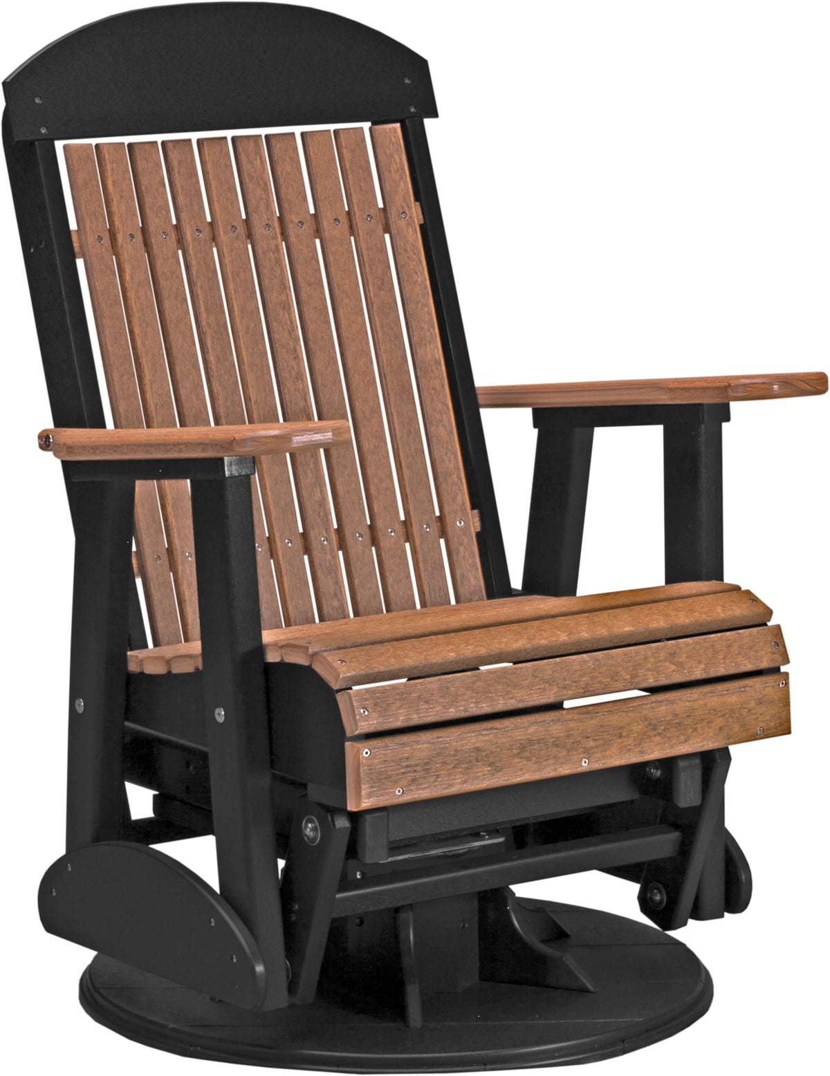 LuxCraft 2' Classic Swivel Glider Chair in Antique Mahogany and Black — Amish-crafted recycled poly, 20-year poly durability