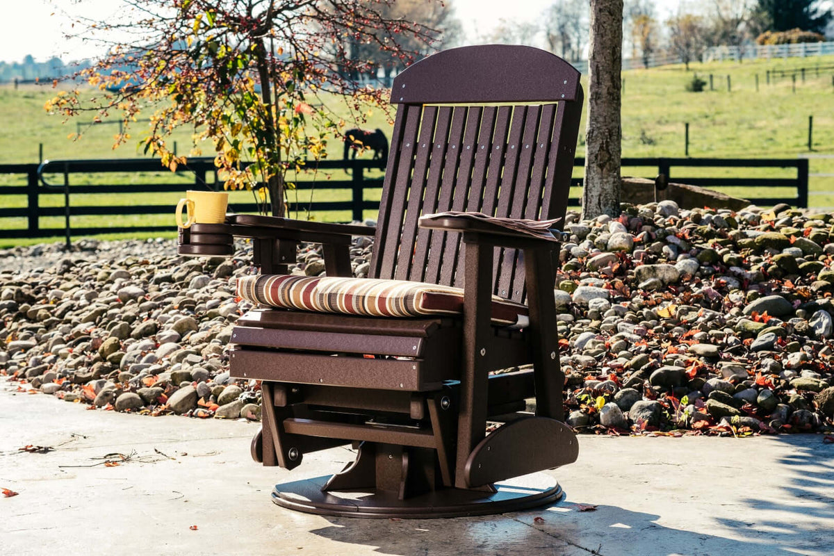 LuxCraft 2' Classic Swivel Glider Chair in Chestnut Brown paired for patio rotation seating — weather-resistant design
