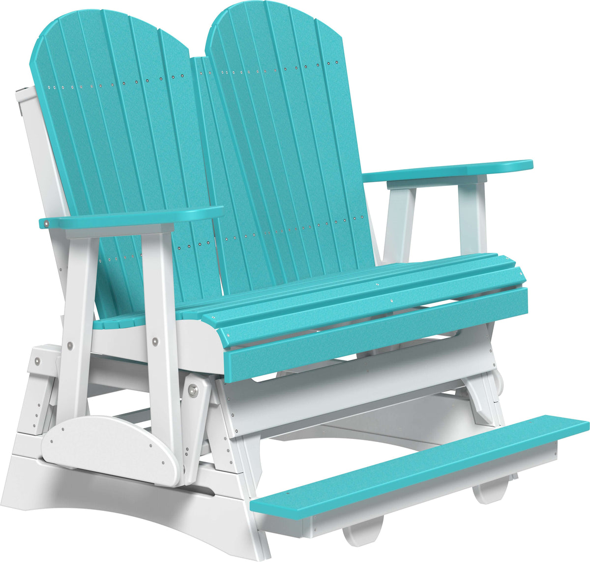 LuxCraft 4' Adirondack Balcony Glider in Aruba Blue and White — counter-height glide bench with footrest for elevated decks