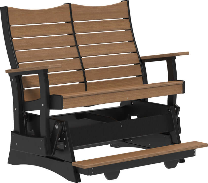 LuxCraft 4' Contour Balcony Glider in Antique Mahogany and Black — counter-height glide bench with footrest for elevated decks