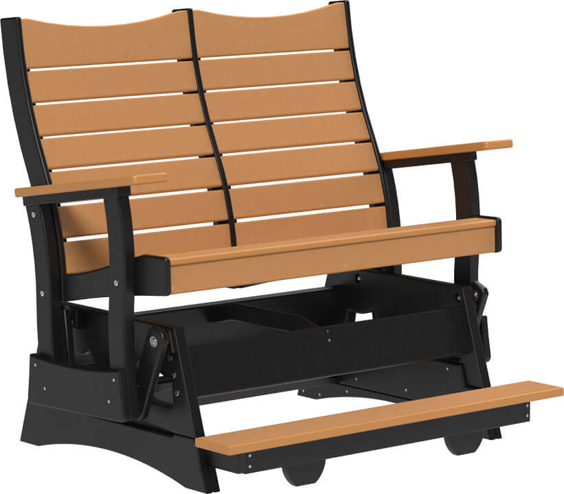 LuxCraft 4' Contour Balcony Glider in Cedar and Black — Amish-crafted recycled poly, commercial-grade poly