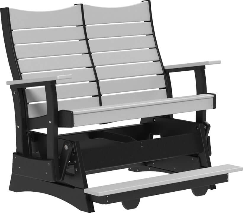 LuxCraft 4' Contour Balcony Glider in Dove Gray and Black — counter-height glide bench with footrest for elevated decks