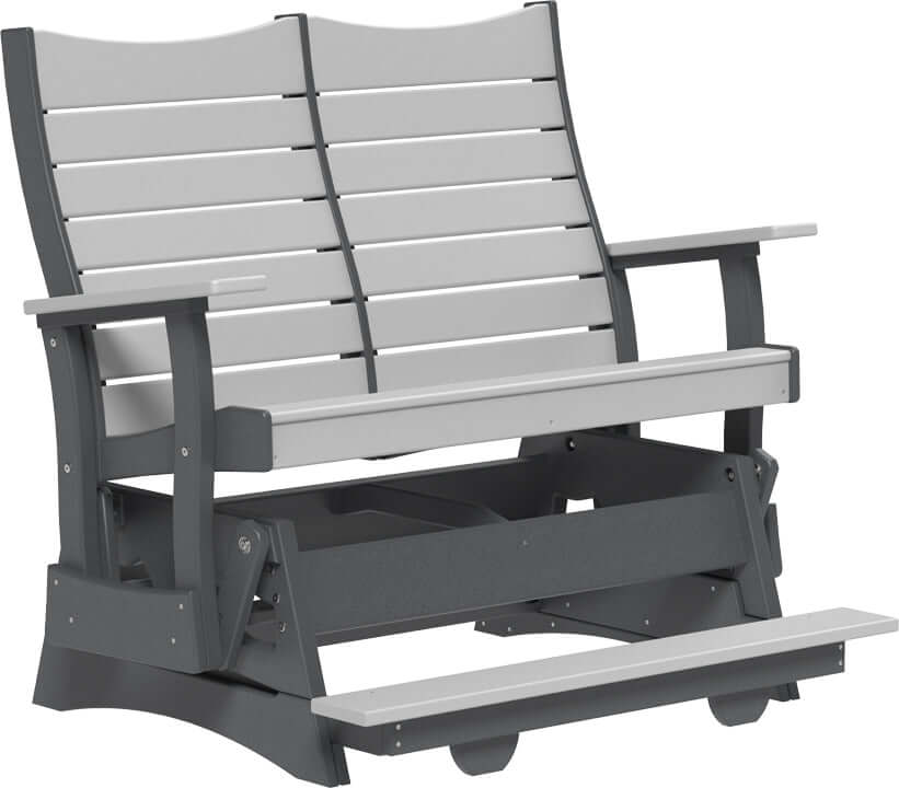 LuxCraft 4' Contour Balcony Glider in Dove Gray and Slate — Amish-crafted recycled poly, 20-year poly durability