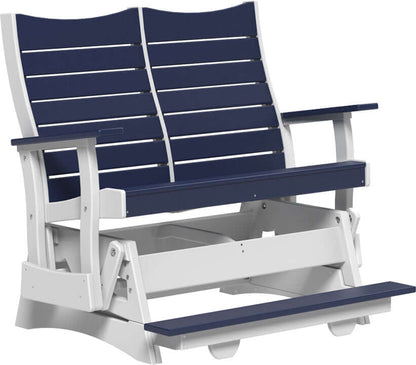 LuxCraft 4' Contour Balcony Glider in Patriot Blue — counter-height glide bench with footrest for elevated decks