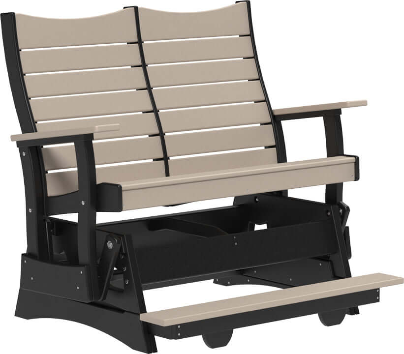 LuxCraft 4' Contour Balcony Glider in Weatherwood and Black — counter-height glide bench with footrest for elevated decks