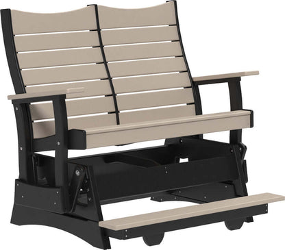 LuxCraft 4' Contour Balcony Glider in Weatherwood and Black — counter-height glide bench with footrest for elevated decks
