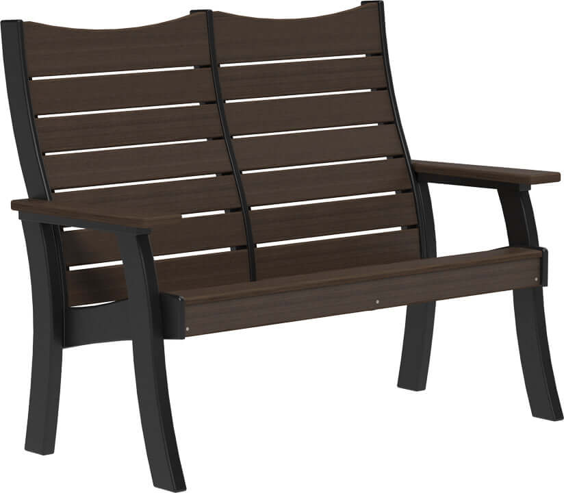 LuxCraft 4' Contour Outdoor Bench in Brazilian Walnut and Black — wide poly bench seat, recycled HDPE construction
