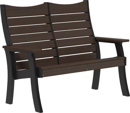 LuxCraft 4' Contour Outdoor Bench in Brazilian Walnut and Black — wide poly bench seat, recycled HDPE construction