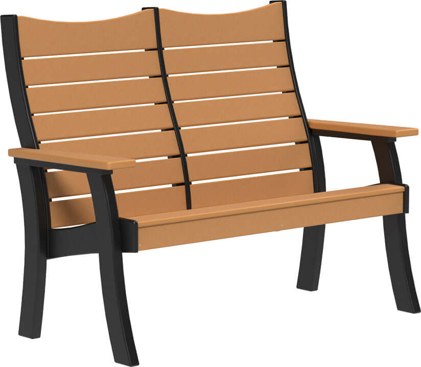 LuxCraft 4' Contour Outdoor Bench in Cedar and Black — recycled poly slat-top bench for porch and entryway seating