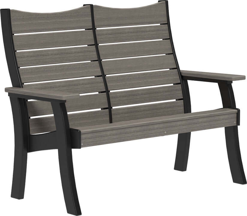 LuxCraft 4' Contour Outdoor Bench in Coastal Gray and Black — recycled poly slat-top bench for porch and entryway seating