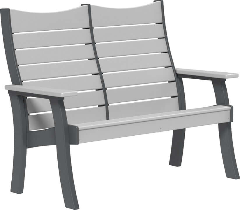 LuxCraft 4' Contour Outdoor Bench in Dove Gray and Slate — recycled poly slat-top bench for porch and entryway seating