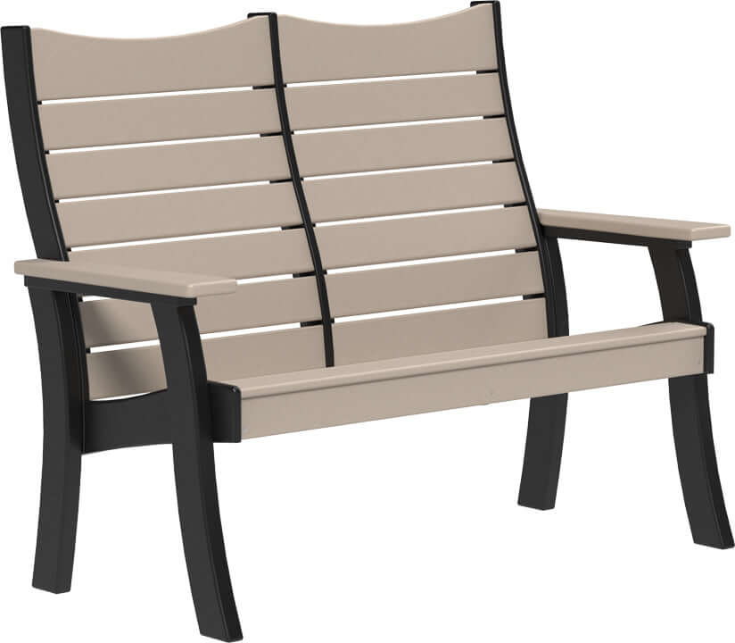 LuxCraft 4' Contour Outdoor Bench in Weatherwood and Black — wide poly bench seat, long-life recycled poly