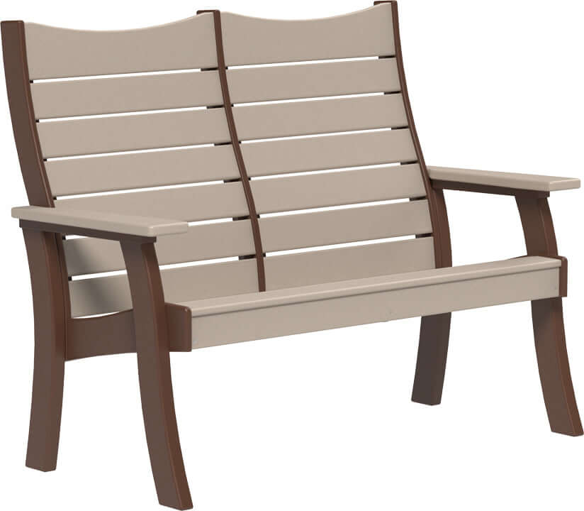 LuxCraft 4' Contour Outdoor Bench in Weatherwood and Chestnut Brown — recycled poly slat-top bench for porch and entryway seating