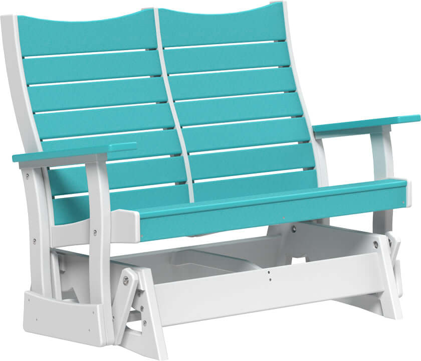 LuxCraft 4' Contour Poly Glider in Aruba Blue and White — Amish-crafted recycled poly, weather-resistant design