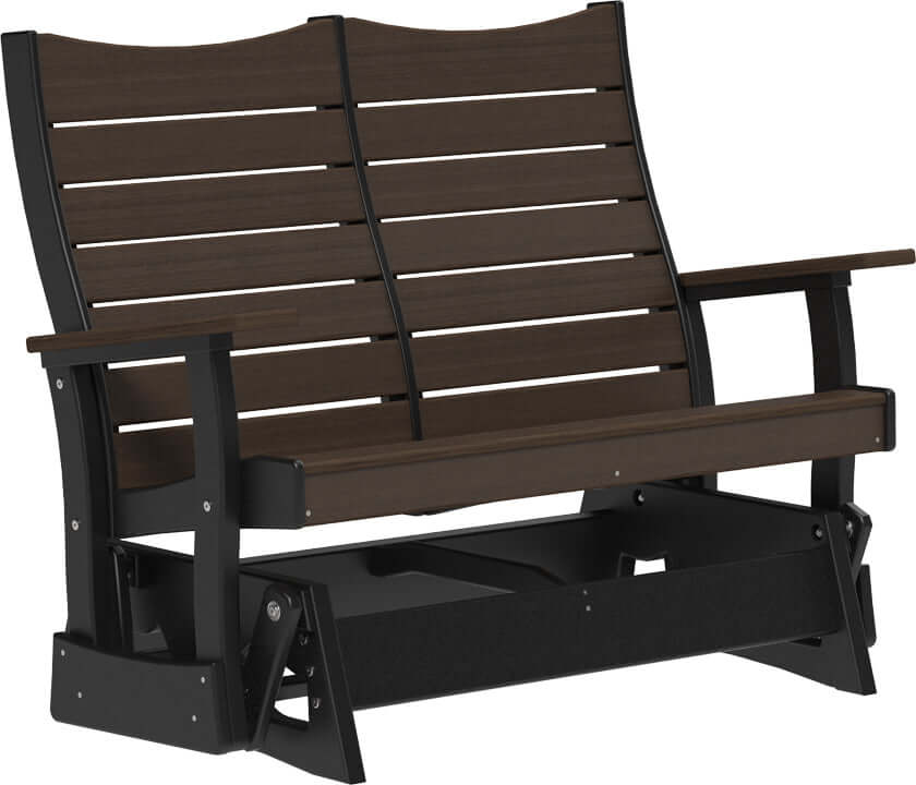 LuxCraft 4' Contour Poly Glider in Brazilian Walnut and Black — ergonomic contoured backrest for outdoor use