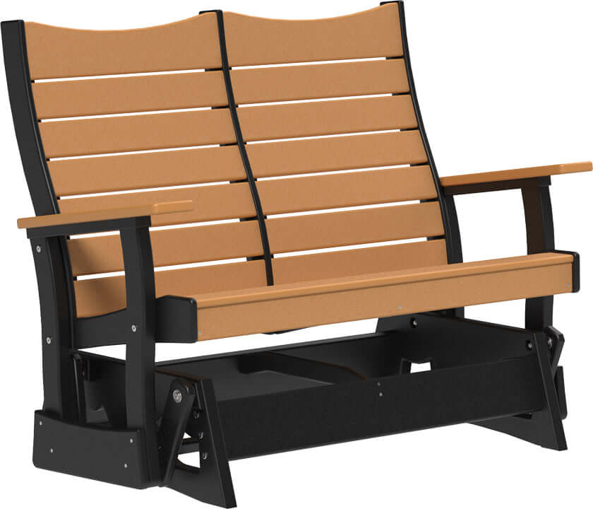 LuxCraft 4' Contour Poly Glider in Cedar and Black — Amish-crafted recycled poly, commercial-grade poly