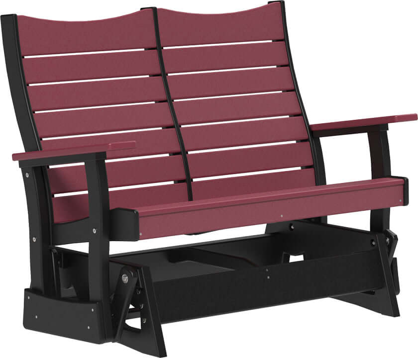 LuxCraft 4' Contour Poly Glider in Cherrywood and Black — shaped curved-back glider, fade-resistant poly