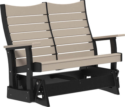 LuxCraft 4' Contour Poly Glider in Weatherwood and Black — ergonomic contoured backrest for outdoor use