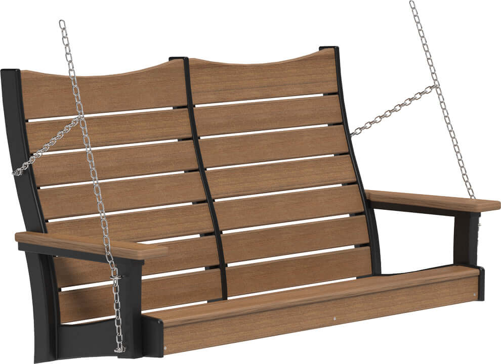 LuxCraft 4' Contour Swing | Outdoor Swing in Antique Mahogany and Black — hanging porch bench, long-life recycled poly