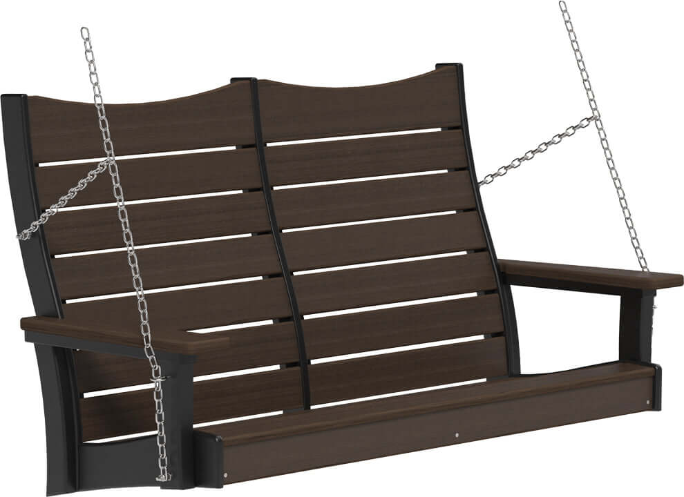 LuxCraft 4' Contour Swing | Outdoor Swing in Brazilian Walnut and Black — hanging porch bench, recycled HDPE construction