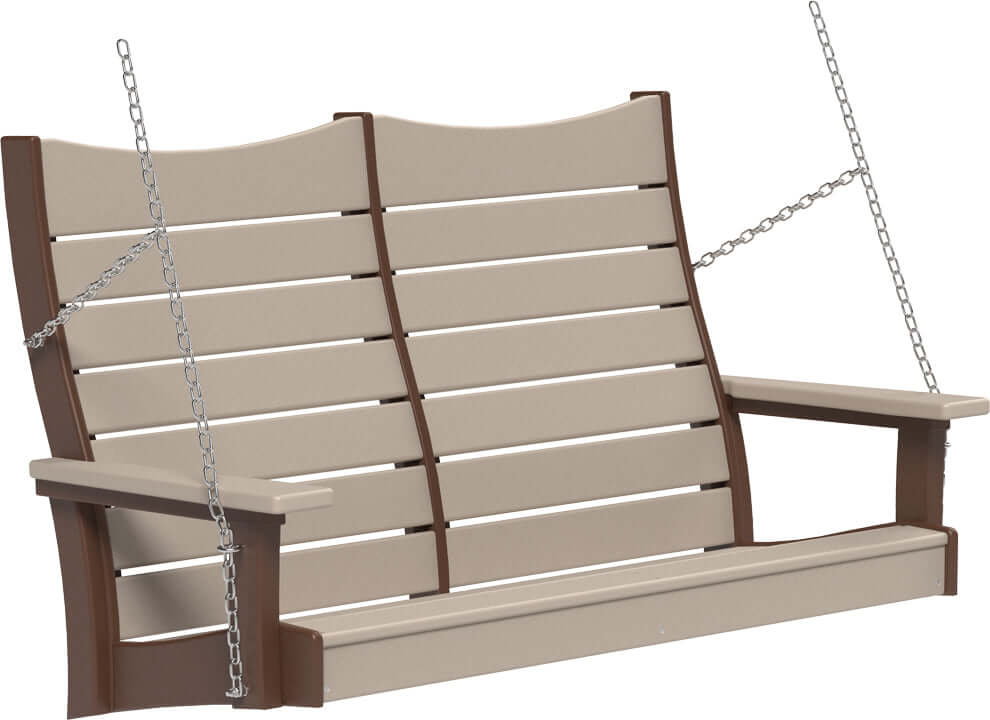 LuxCraft 4' Contour Swing | Outdoor Swing in Weatherwood and Chestnut Brown — hanging porch bench, fade-resistant poly