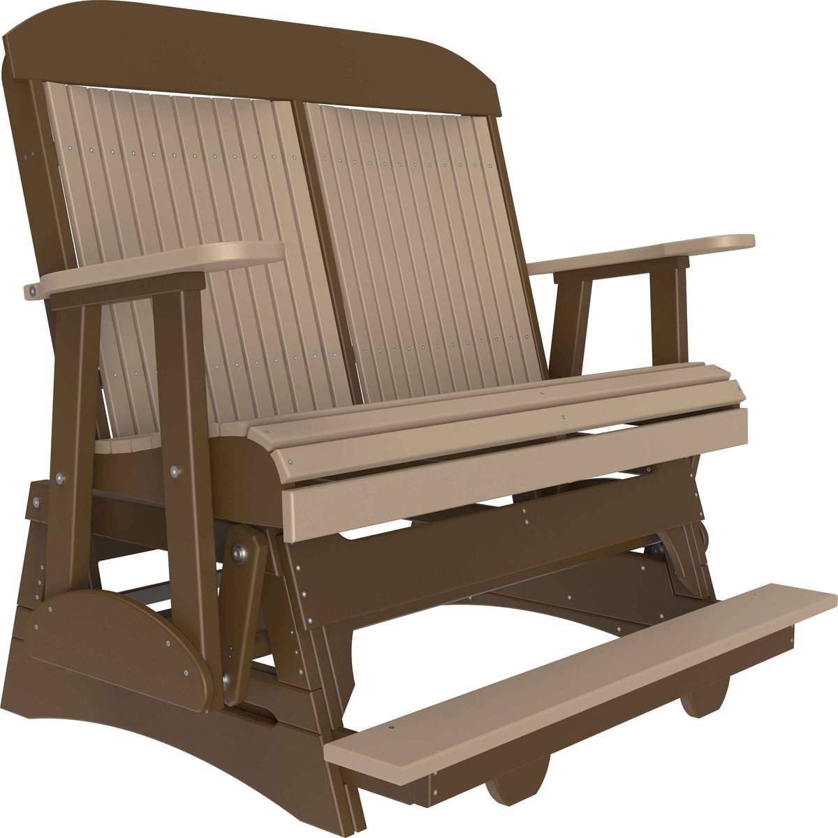 LuxCraft 4' Classic Balcony Glider in Weatherwood and Chestnut Brown — Amish-crafted recycled poly, weather-resistant design