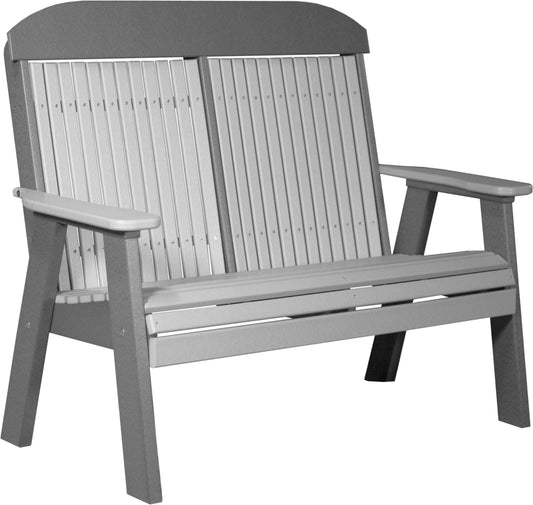 LuxCraft 4' Classic Outdoor Bench in Dove Gray and Slate — wide poly bench seat, recycled HDPE construction