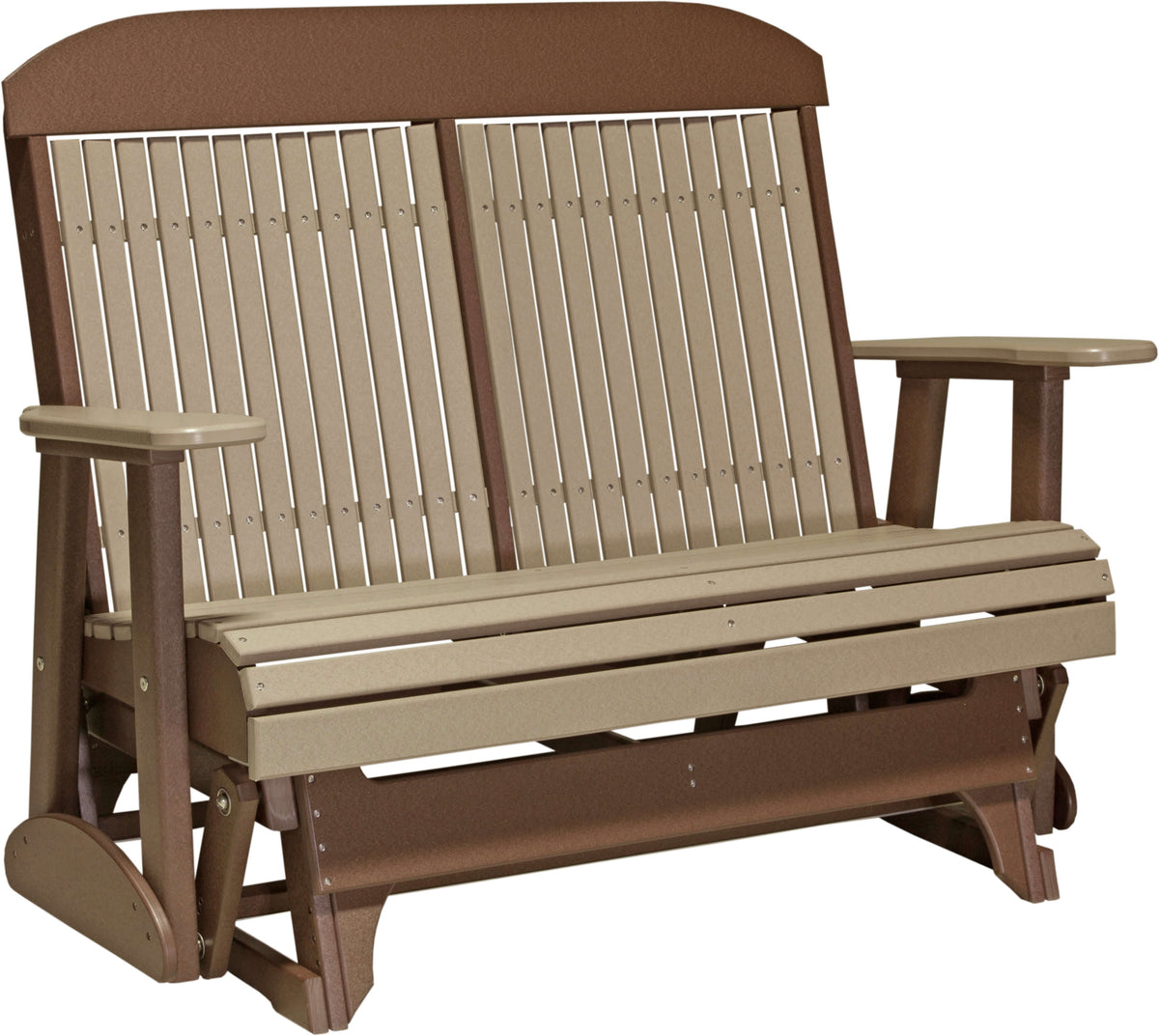 LuxCraft 4' Classic Glider in Weatherwood and Chestnut Brown — smooth porch-style glide, fade-resistant poly