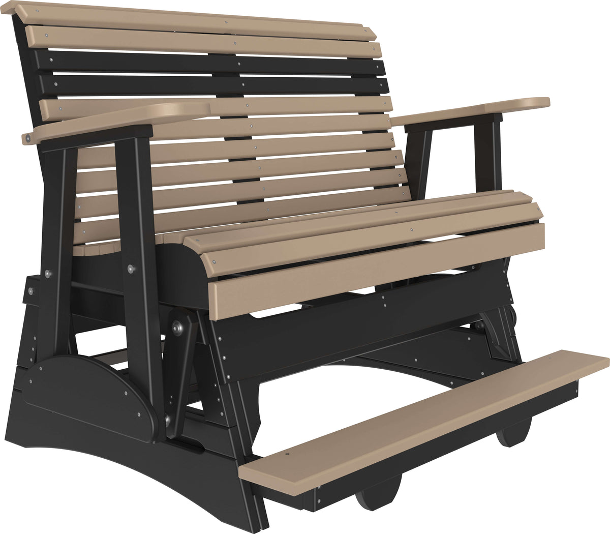 LuxCraft 4' Plain Balcony Glider in Weatherwood and Black — Amish-crafted recycled poly, 20-year poly durability