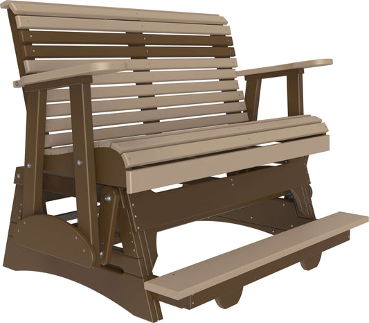 LuxCraft 4' Plain Balcony Glider in Weatherwood and Chestnut Brown — Amish-crafted recycled poly, weather-resistant design
