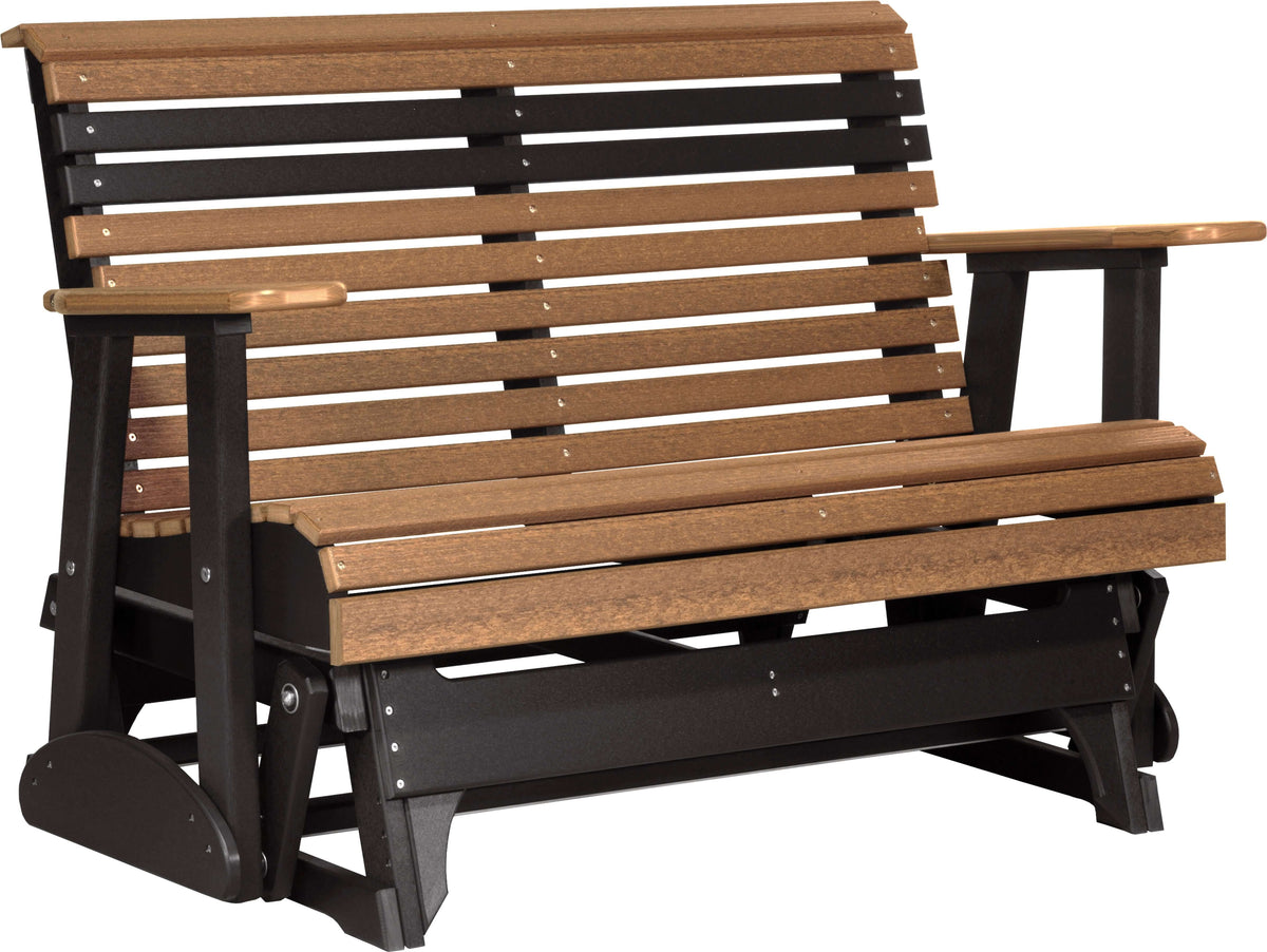 LuxCraft 4' Plain Glider in Antique Mahogany and Black — minimalist slat glide bench for outdoor use