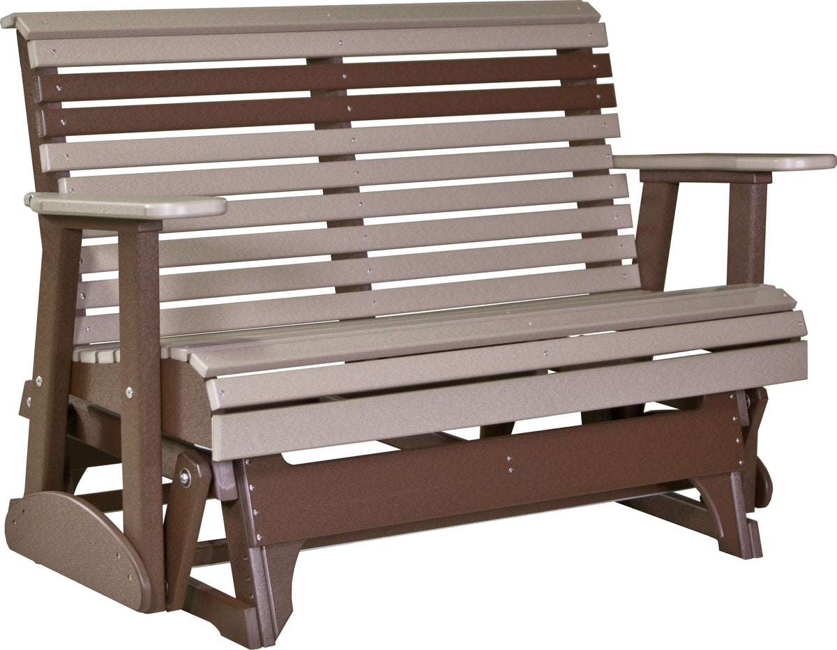 LuxCraft 4' Plain Glider in Weatherwood and Chestnut Brown — Amish-crafted recycled poly, weather-resistant design