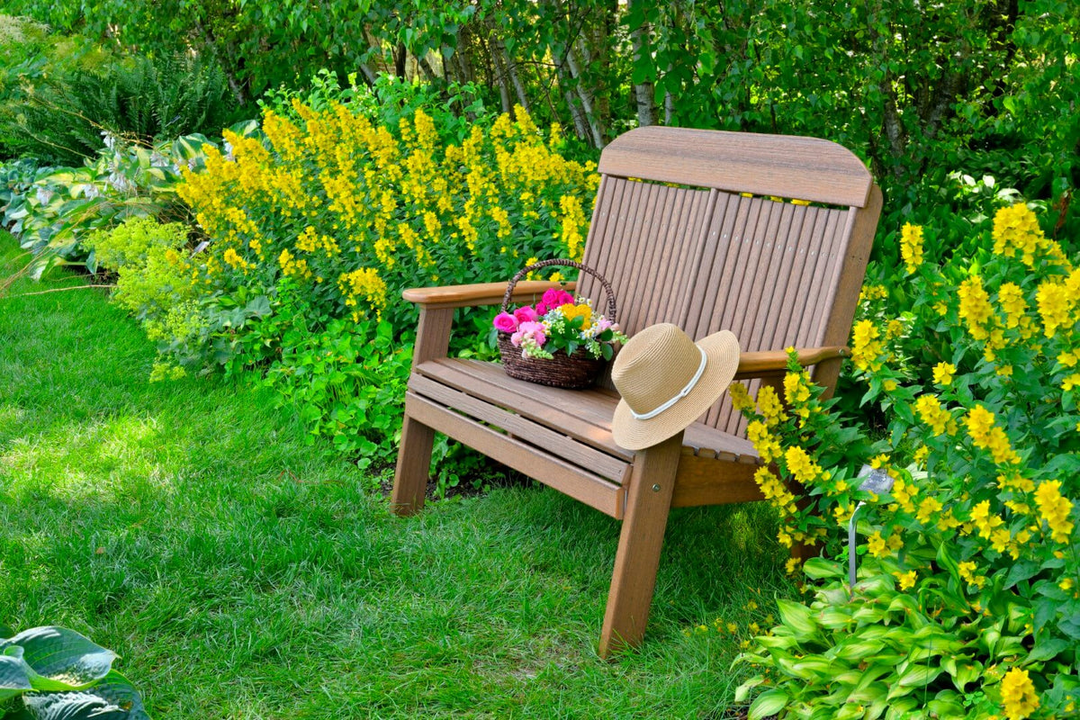 LuxCraft 4' Classic Outdoor Bench in Antique Mahogany configured for patio bench arrangements — fade-resistant poly