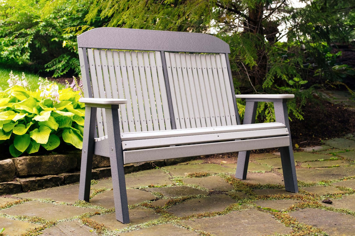 LuxCraft 4' Classic Outdoor Bench in Dove Gray and Slate paired for outdoor garden-bench use — weather-resistant design