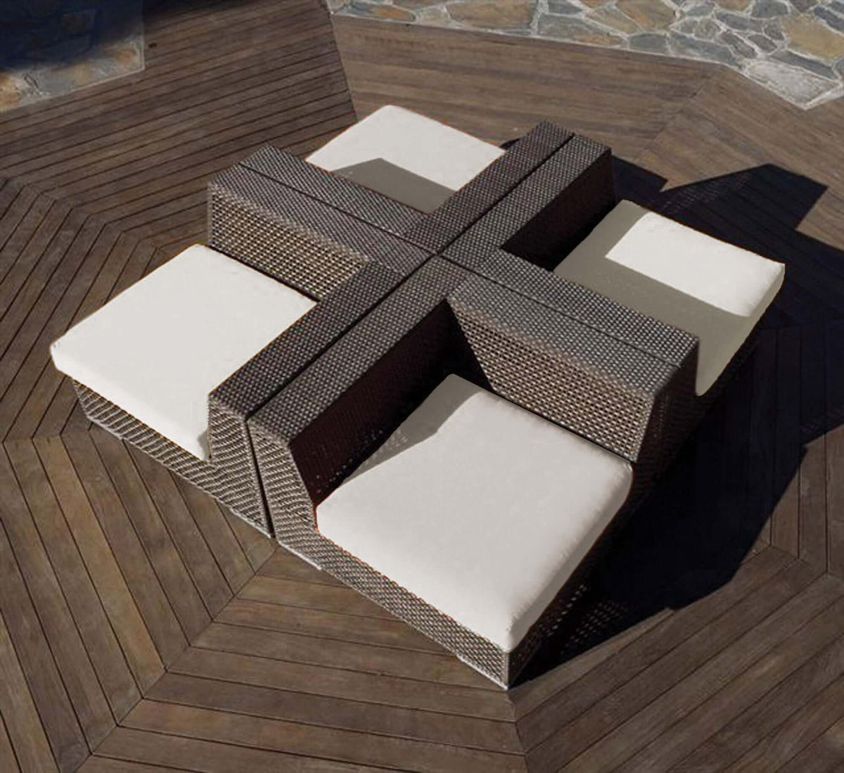 4-piece modular outdoor seating set made from anodized aluminum frame woven with Rehau Java Brown fiber