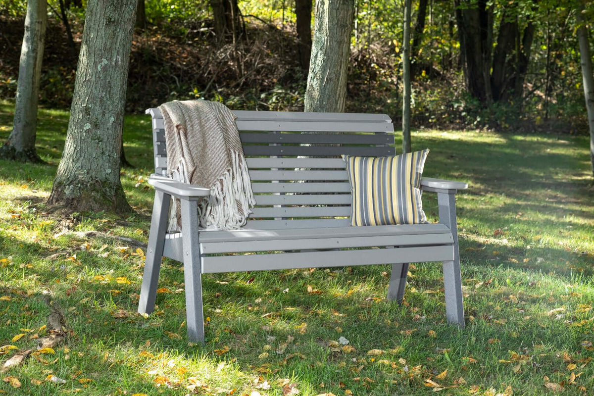 LuxCraft 4' Plain Outdoor Bench in Dove Gray and Slate — Amish-crafted recycled poly, 20-year poly durability