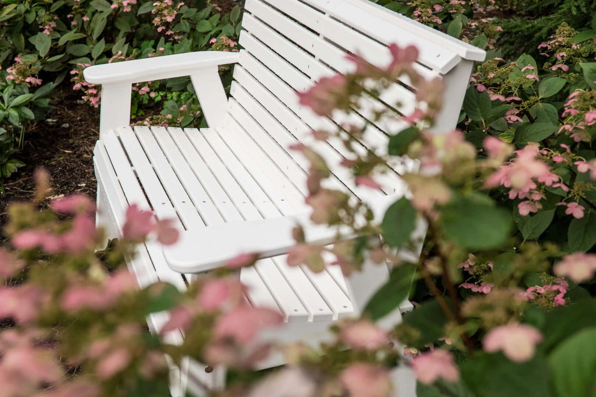 LuxCraft 4' Plain Outdoor Bench in White configured for patio bench arrangements — fade-resistant poly