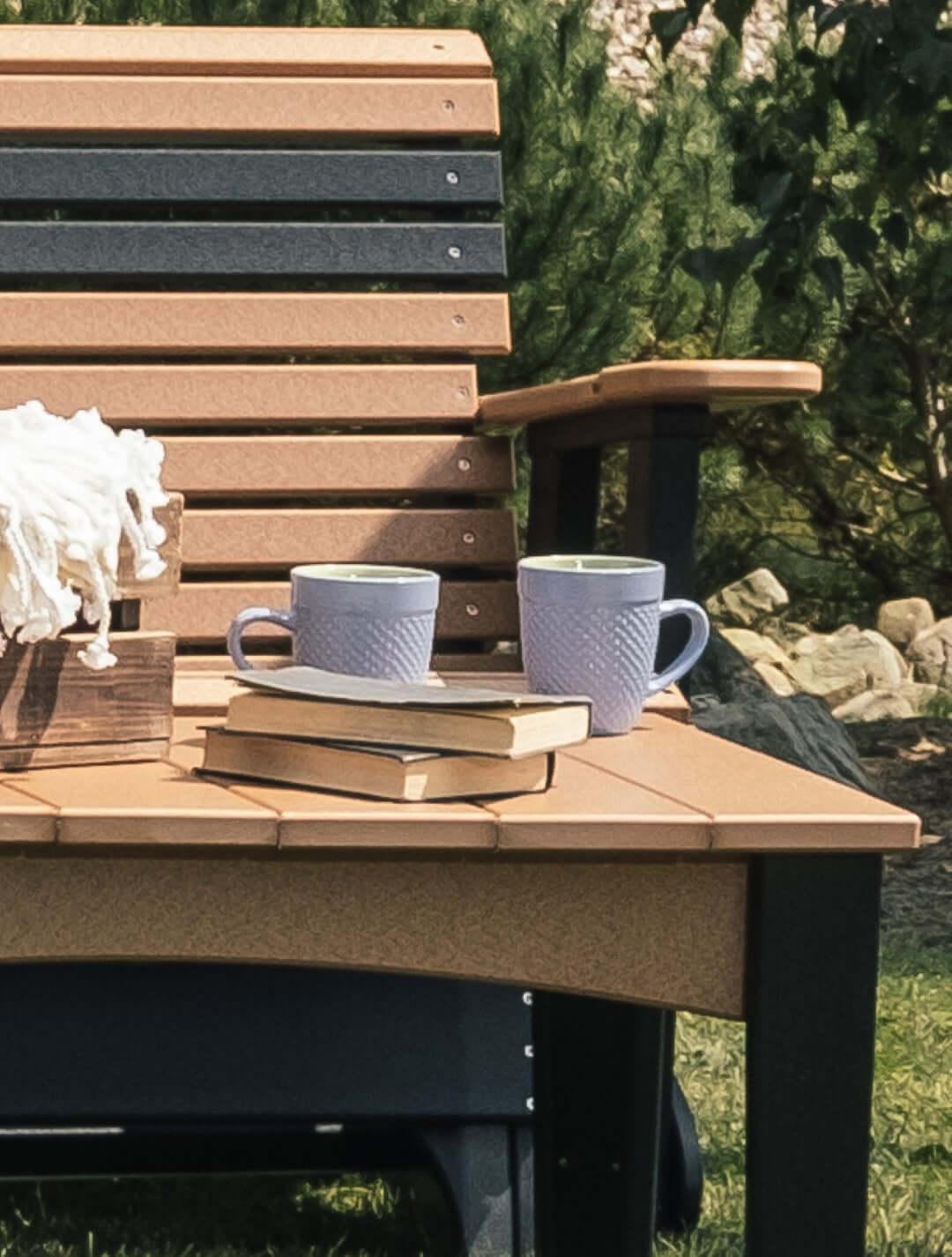 LuxCraft 4' Plain Balcony Glider in Cedar and Black paired for tall outdoor patios — weather-resistant design