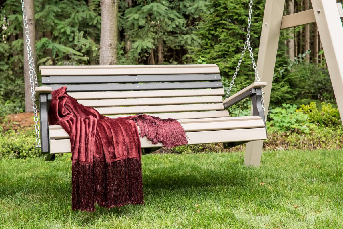 LuxCraft 4' Plain Porch Swing in Weatherwood and Black paired for arbor mounting — weather-resistant design