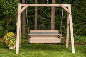 LuxCraft 4' Plain Porch Swing in Weatherwood and Black arranged for front-porch hanging — durable poly construction