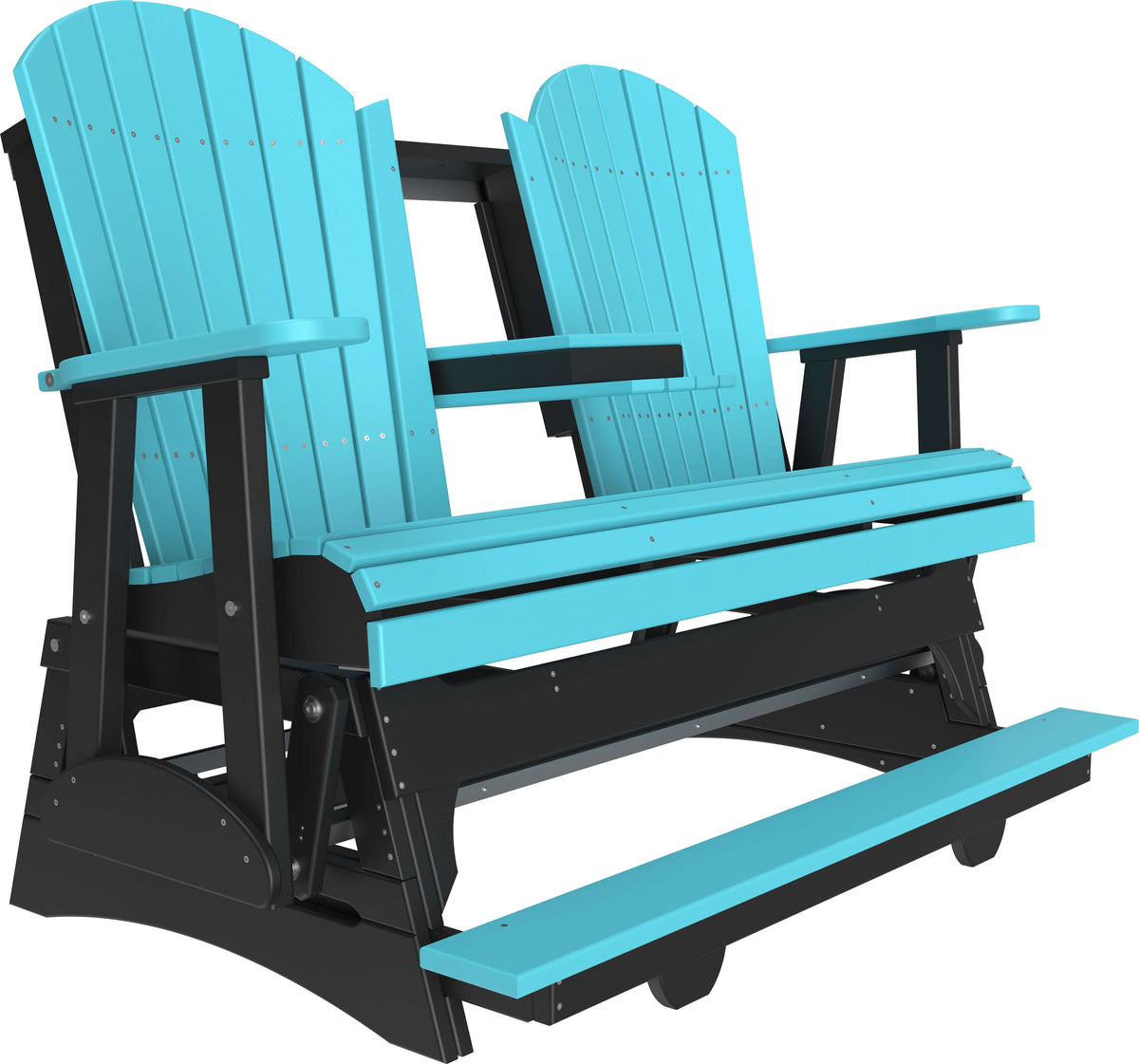 LuxCraft 5' Adirondack Balcony Glider in Aruba Blue and Black — counter-height glide bench with footrest for elevated decks