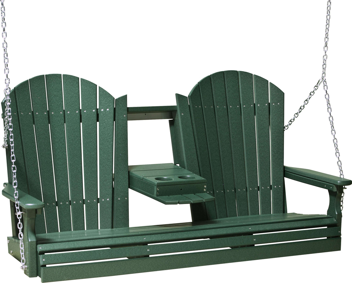 LuxCraft 5' Adirondack Swing Set with Clay A-Frame Vinyl Swing Stand in Green — recycled poly hanging bench, recycled HDPE construction