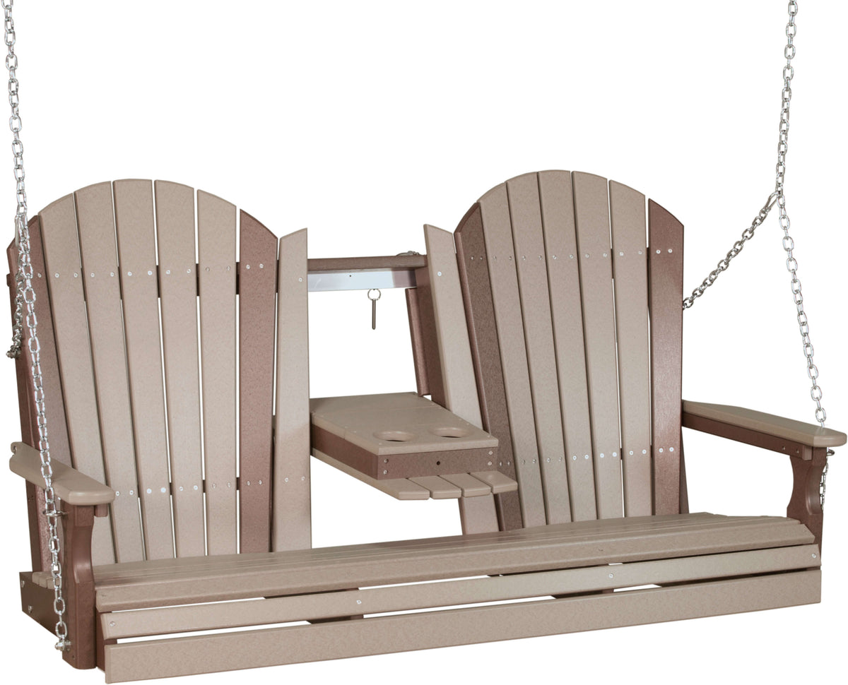 LuxCraft 5' Adirondack Swing Set with Clay A-Frame Vinyl Swing Stand in Weatherwood and Chestnut Brown — Amish-crafted recycled poly, 20-year poly ...