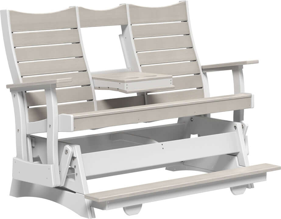 LuxCraft 5' Contour Balcony Glider in Birch and White — counter-height glide bench with footrest for elevated decks