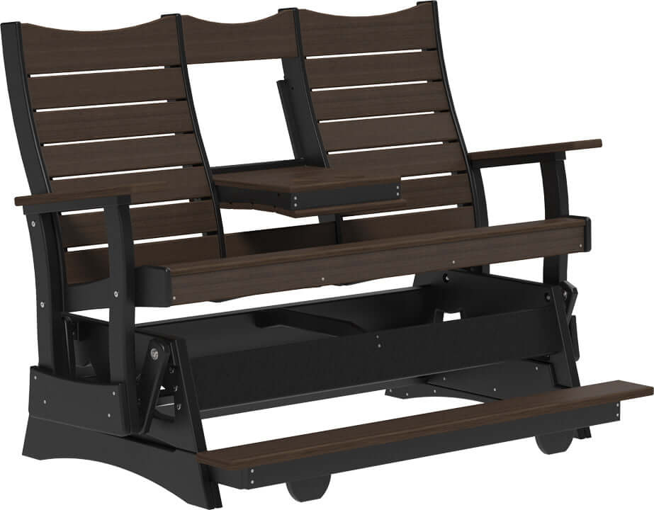LuxCraft 5' Contour Balcony Glider in Brazilian Walnut and Black — counter-height glide bench with footrest for elevated decks