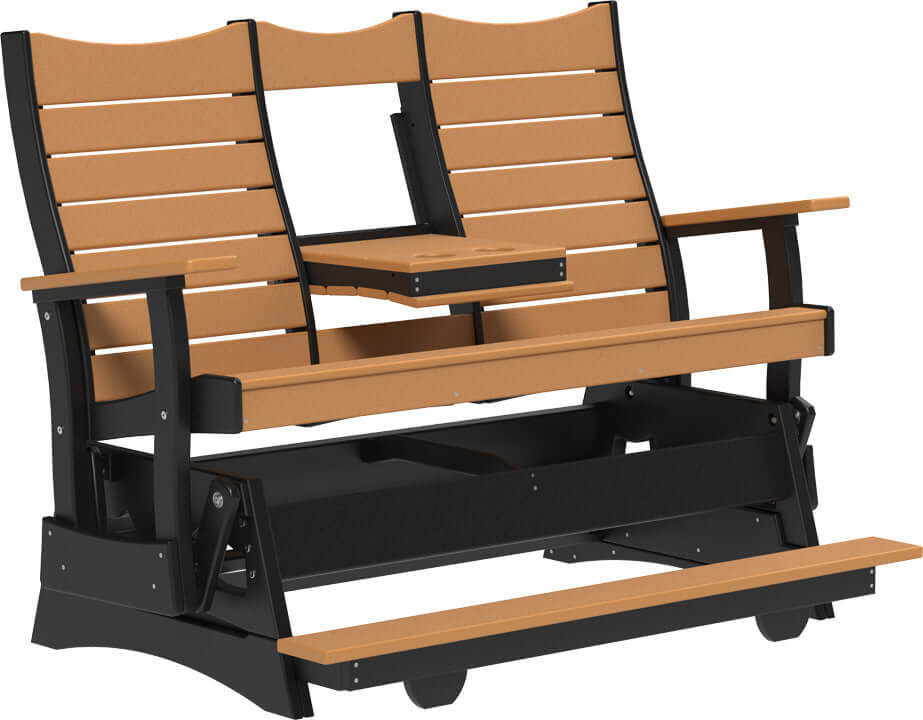 LuxCraft 5' Contour Balcony Glider in Cedar and Black — Amish-crafted recycled poly, commercial-grade poly