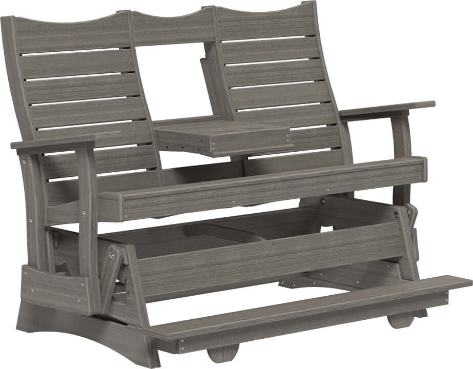 LuxCraft 5' Contour Balcony Glider in Coastal Gray — counter-height glide bench with footrest for elevated decks